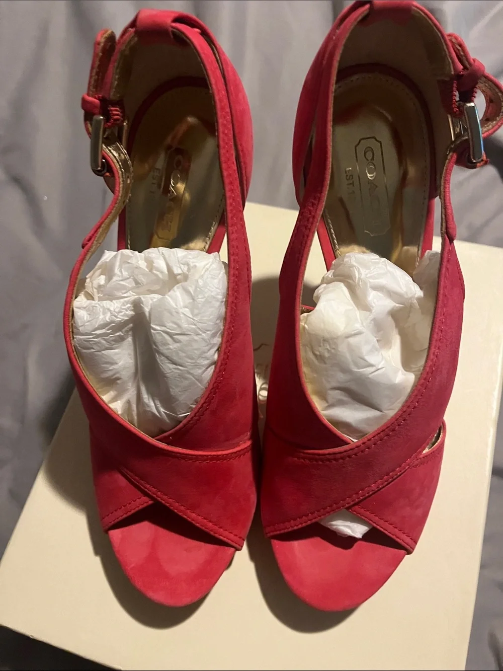 Coach Pink Suede Peep-Toe Ankle Strap Heels